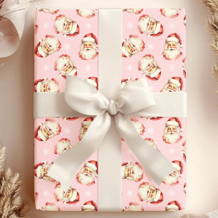 Roze Vintage Kerstman Gezicht Waterverf Cadeaupapier