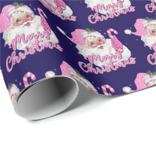 Roze Vintage Kerstman op Blauwe Cadeaupapier