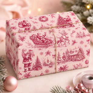 Roze Vintage Kerstman Slede Kerstmis Toile Cadeaupapier