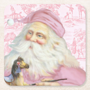 Roze Vintage Kerstman Toile de Jouy Patroon Kartonnen Onderzetters