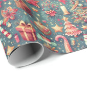 Roze Vintage Kerstmis Cadeaupapier (Rol Hoek)