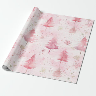 Roze Vintage Kerstmis dennenbomen Cadeaupapier