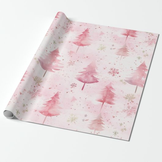 Roze Vintage Kerstmis dennenbomen Cadeaupapier (Uitgerold)