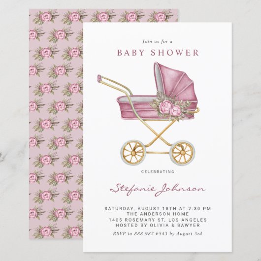 Roze Vintage Kinderwagen Baby Shower Uitnodiging (Voorkant / Achterkant)