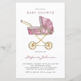 Roze Vintage Kinderwagen Baby Shower Uitnodiging