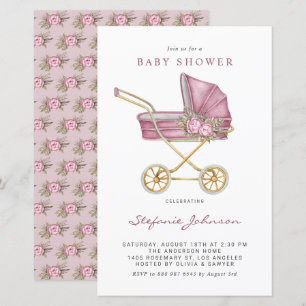 Roze Vintage Kinderwagen Baby Shower Uitnodiging