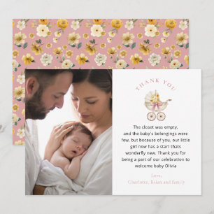 Roze Vintage Kinderwagen Bloemen Foto Bedankkaart