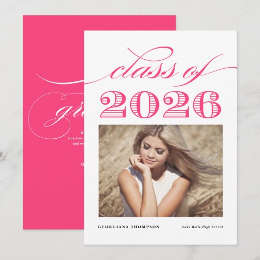 Roze Vintage Klas van 2026 Foto Afstuderen Aankondiging (Voorkant / Achterkant)