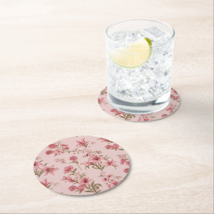 Roze Vintage Lelies Bloemige Cottagecore Ronde Kartonnen Onderzetter