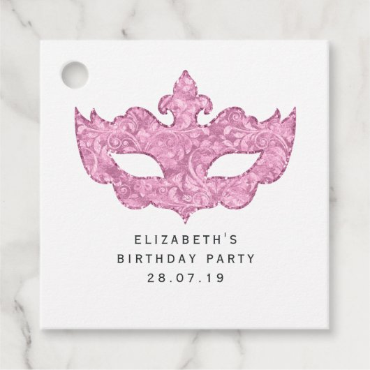 Roze vintage masker en damast bedankjes labels (Voorkant)