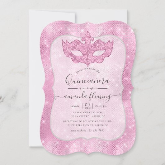 Roze Vintage Maskerade Quinceañera Uitnodiging (Voorkant)