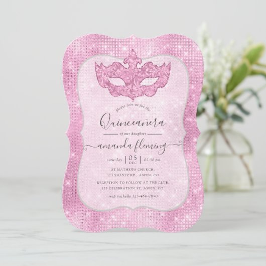 Roze Vintage Maskerade Quinceañera Uitnodiging (Staand voorkant)