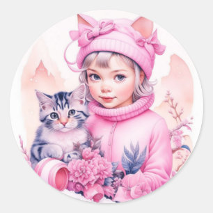 Roze Vintage Meisje en Grijze Kitten Kerstmis Ronde Sticker