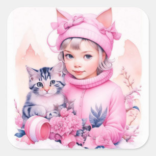 Roze Vintage Meisje en Grijze Kitten Kerstmis Vierkante Sticker