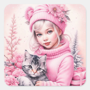 Roze Vintage Meisje en Kitten Kerstmis Vierkante Sticker