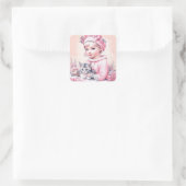 Roze Vintage Meisje en Kitten Kerstmis Vierkante Sticker (Tas)