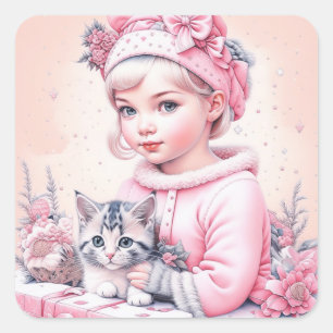 Roze Vintage Meisje en Kitten Kerstmis Vierkante Sticker