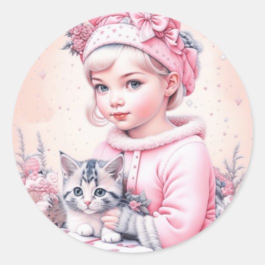 Roze Vintage Meisje en Kittens Kerstmis Ronde Sticker (Voorkant)