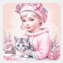 Roze Vintage Meisje en Kittens Kerstmis Vierkante Sticker