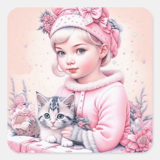 Roze Vintage Meisje en Kittens Kerstmis Vierkante Sticker (Voorkant)