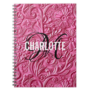 Roze vintage monogram leer naam notitieboek