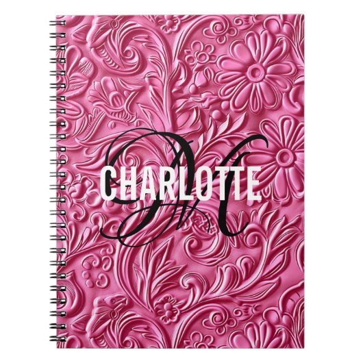Roze vintage monogram leer naam notitieboek (Voorkant)