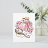 Roze vintage parfumfles & parels briefkaart (Staand voorkant)