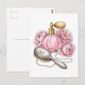 Roze vintage parfumfles & parels briefkaart (Voorkant / Achterkant)