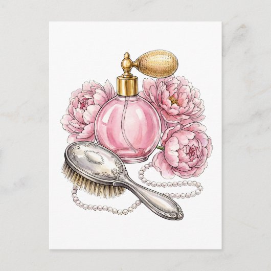 Roze vintage parfumfles & parels briefkaart (Voorkant)