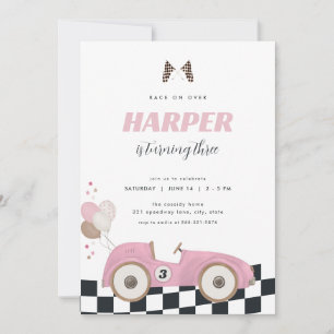 Roze Vintage Raceauto Meisje Verjaardagsuitnodigin Kaart