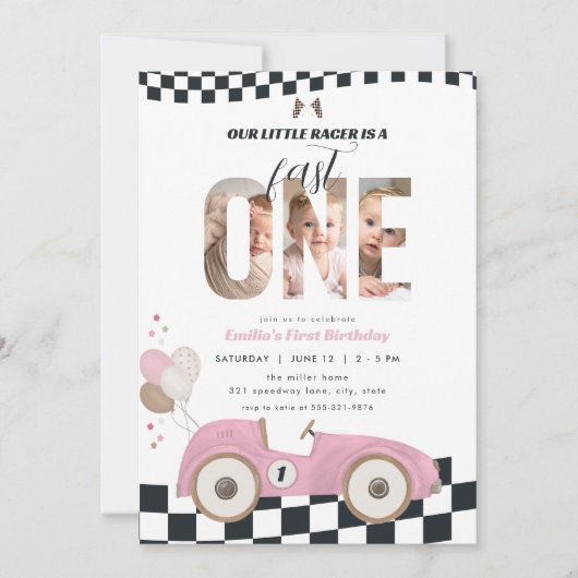Roze Vintage Raceauto Uitnodiging Eerste Verjaarda (Voorkant)