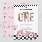 Roze Vintage Raceauto Uitnodiging Eerste Verjaarda (Voorkant / Achterkant)