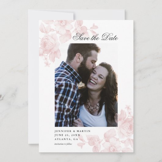 Roze vintage roos bloem foto save the date (Voorkant)