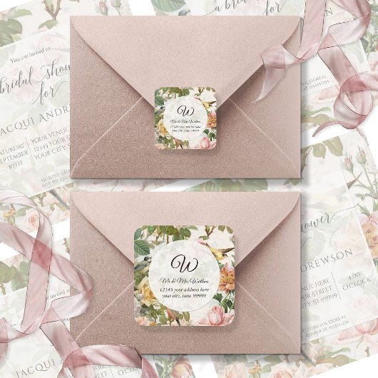 Roze Vintage Roos Bloemige Monogram Retouradres Ronde Sticker