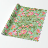Roze Vintage Roos Cadeaupapier in Mintgroen (Uitgerold)