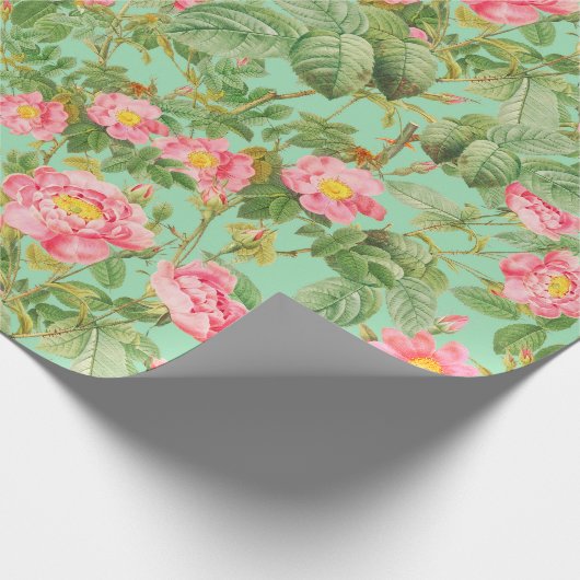 Roze Vintage Roos Cadeaupapier in Mintgroen (Hoek)