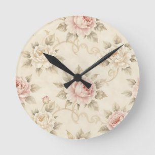 Roze Vintage Roos Damast Bloemmotief Ronde Klok