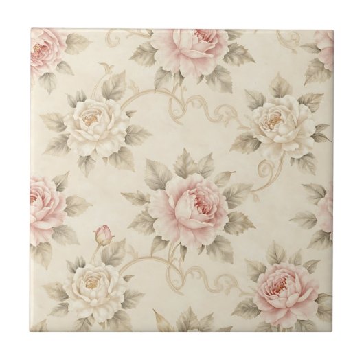 Roze Vintage Roos Damast Bloemmotief Tegeltje (Voorkant)