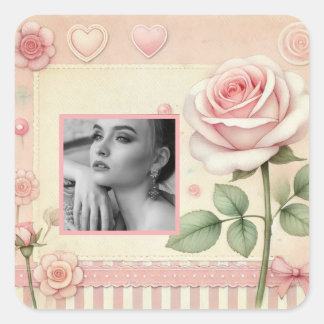 Roze vintage roos harten bloem foto waterverf  vierkante sticker