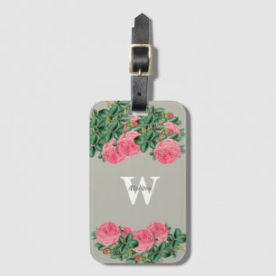 Roze vintage roos op grijze monogram bagagelabel