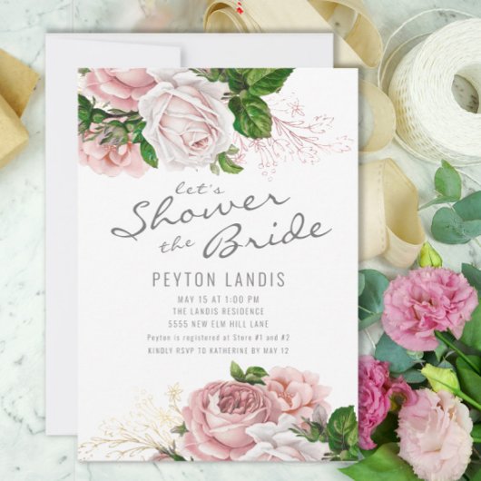 Roze Vintage Rozen Bloem Wit Bruidsfeest Kaart
