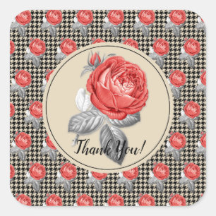 Roze vintage rozen en houndstooth Dank je wel Vierkante Sticker