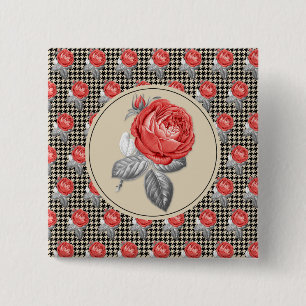 Roze vintage rozen en houndstooth patroon vierkante button 5,1 cm