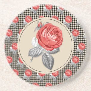 Roze vintage rozen en houndstooth patroon zandsteen onderzetter