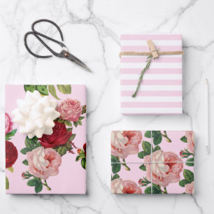 Roze Vintage Rozen en Roze Strepen Set van 3 Inpakpapier Vel