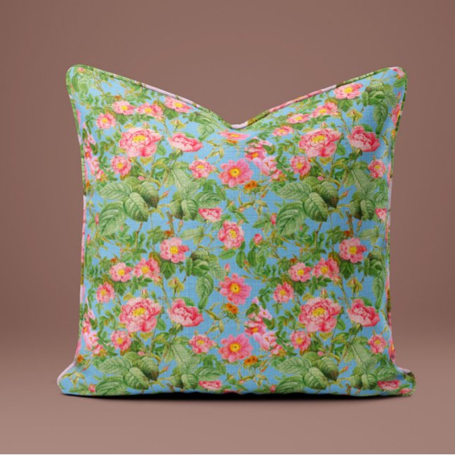 Roze Vintage Rozenkussen in Hemelblauw Kussen (Creator heeft geüpload)