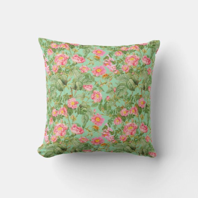Roze Vintage Rozenkussen in Mint Aqua Kussen (Voorkant)