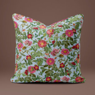 Roze Vintage Rozenkussen in Zacht Hemelblauw Kussen