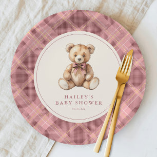Roze Vintage Schotse Tartan Teddybeer Baby Borrel Papieren Bordje