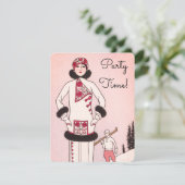 Roze vintage sneeuwsfeer ski-feest uitnodiging (Staand voorkant)